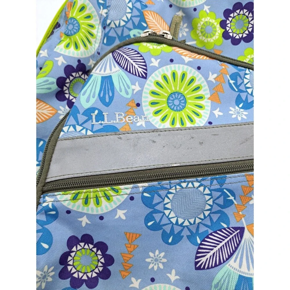 LL Bean Deluxe Backpack School Camp Blue Green Floral Hawaiian Geometric